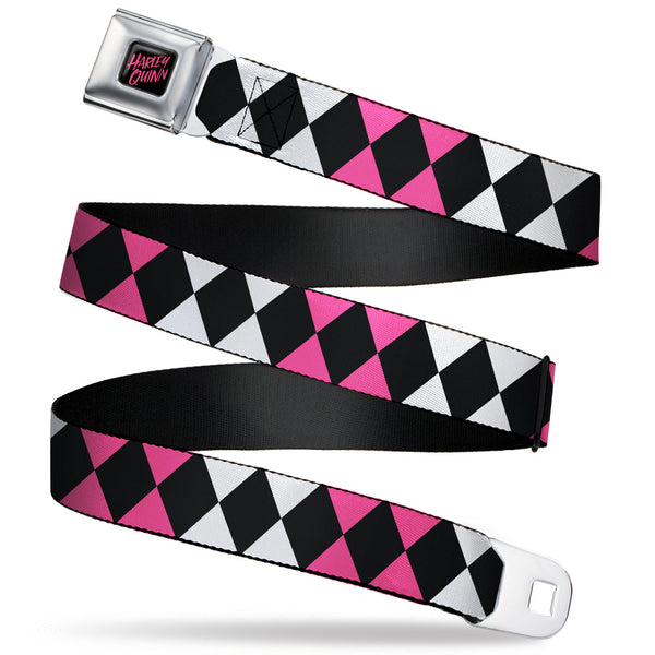 buckle down Birds of Prey HARLEY QUINN Text Full Color Black/Pink Seatbelt Belt - Birds of Prey Harley Quinn Diamonds Split White/Black/Pink/Black Webbing