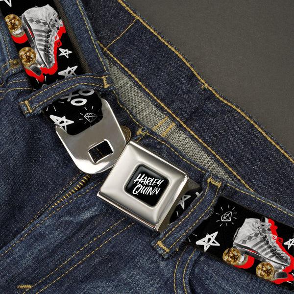 Buckle Down Birds Of Prey HARLEY QUINN Text Full Color Black/White Seatbelt Belt - Birds Of Prey Harley Quinn Roller Skates/Icons Collage Black/White/Red Webbing