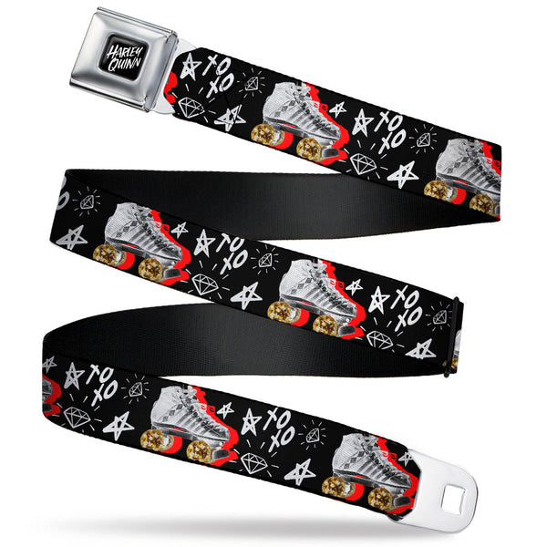 buckle down Birds of Prey HARLEY QUINN Text Full Color Black/White Seatbelt Belt - Birds of Prey Harley Quinn Roller Skates/Icons Collage Black/White/Red Webbing