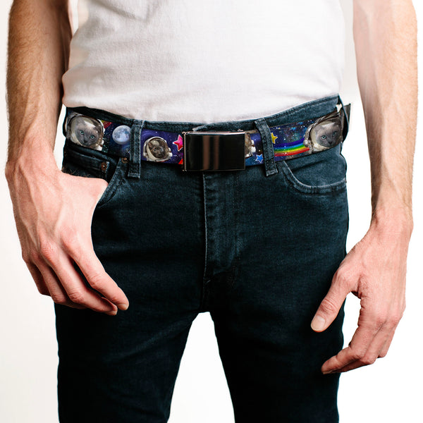 Buckle Down Black Buckle Web Belt - Astronaut Cats In Space/Rainbows/Stars Webbing
