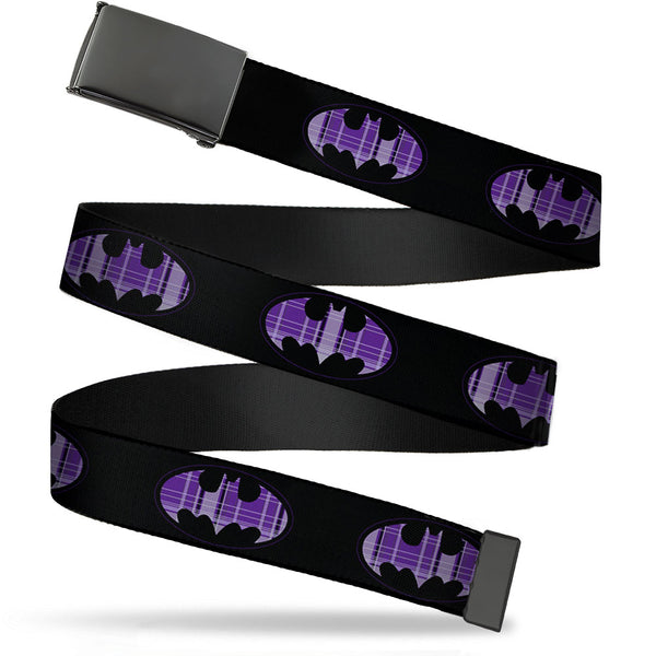 buckle down Black Buckle Web Belt - Batman Signal Black/Purple Plaid Webbing