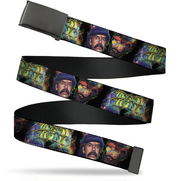 buckle down Black Buckle Web Belt - CHEECH & CHONG Faces Smokey Tie Dye Black/Yellow/Multi Color Webbing