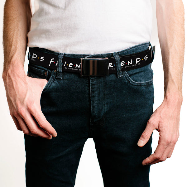 Buckle Down Black Buckle Web Belt - FRIENDS-THE TELEVISION SERIES Logo Black/White/Multi Color Webbing
