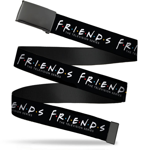buckle down Black Buckle Web Belt - FRIENDS-THE TELEVISION SERIES Logo Black/White/Multi Color Webbing