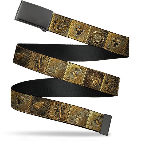 buckle down Black Buckle Web Belt - Game of Thrones House Sigil Blocks Gold Webbing