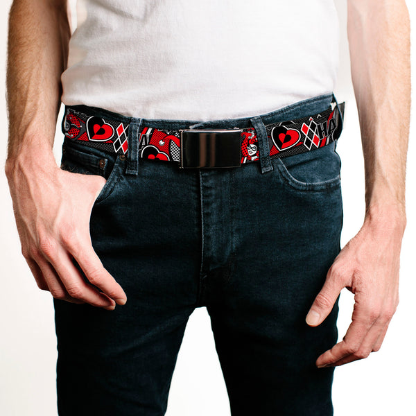 Buckle Down Black Buckle Web Belt - Harley Quinn Poses/HAHAHA /Diamonds/Hearts Halftone White/Black/Red Webbing