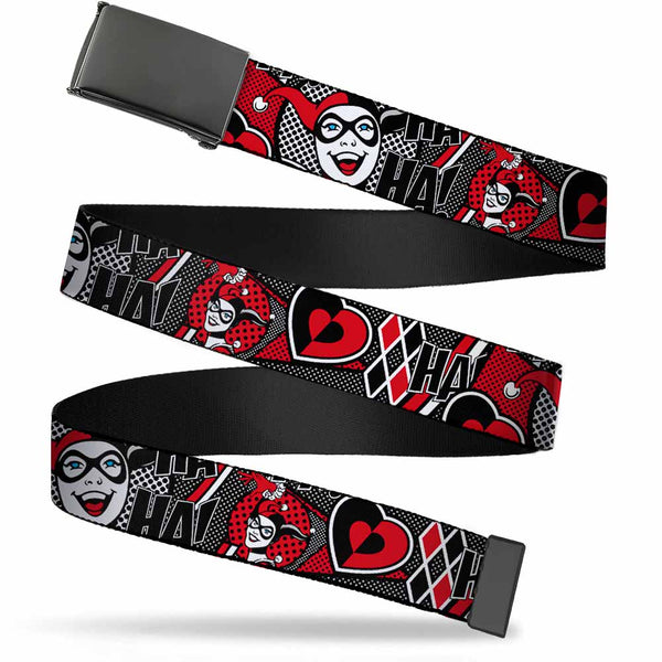 buckle down Black Buckle Web Belt - Harley Quinn Poses/HAHAHA /Diamonds/Hearts Halftone White/Black/Red Webbing