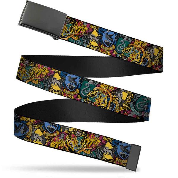 buckle down Black Buckle Web Belt - Harry Potter Hogwarts & 4-House Crests Stacked Webbing