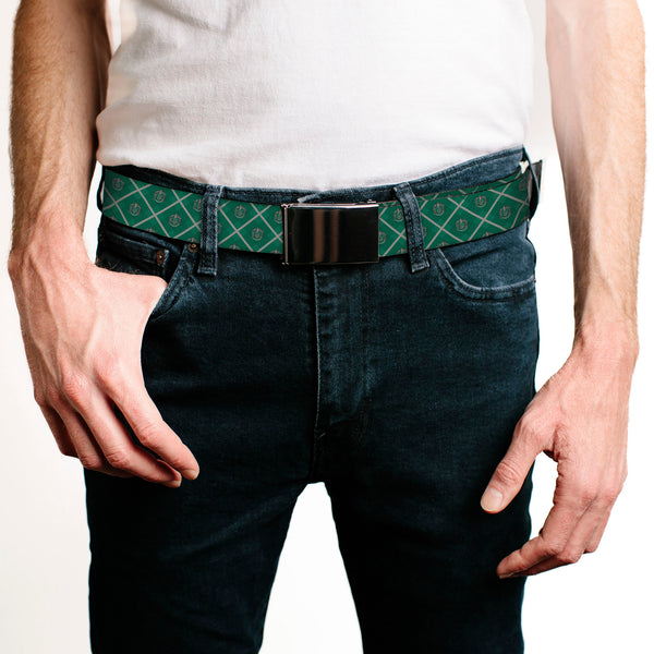 Buckle Down Black Buckle Web Belt - Harry Potter Slytherin Crest Plaid Greens/Gray Webbing