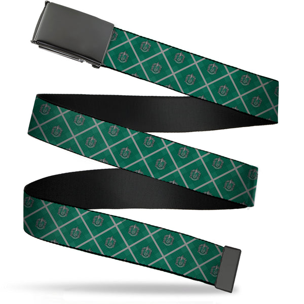 buckle down Black Buckle Web Belt - Harry Potter Slytherin Crest Plaid Greens/Gray Webbing