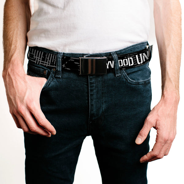 Buckle Down Black Buckle Web Belt - HOLLYWOOD UNDEAD Text Logo/Striping Black/Gray/White Webbing