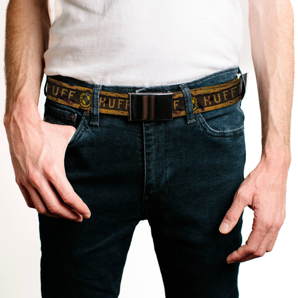 Buckle Down Black Buckle Web Belt - HUFFLEPUFF Crest/Banner Weathered Tan/Brown Webbing