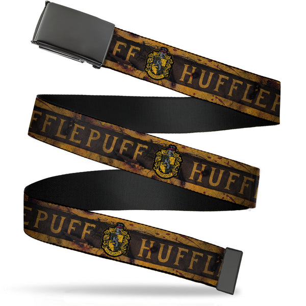 buckle down Black Buckle Web Belt - HUFFLEPUFF Crest/Banner Weathered Tan/Brown Webbing