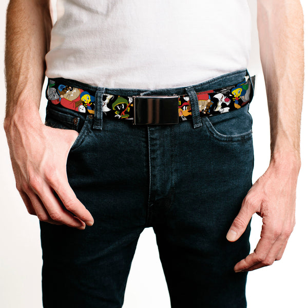 Buckle Down Black Buckle Web Belt - Looney Tunes 6-Hip Hop Character Poses Scattered Black Webbing