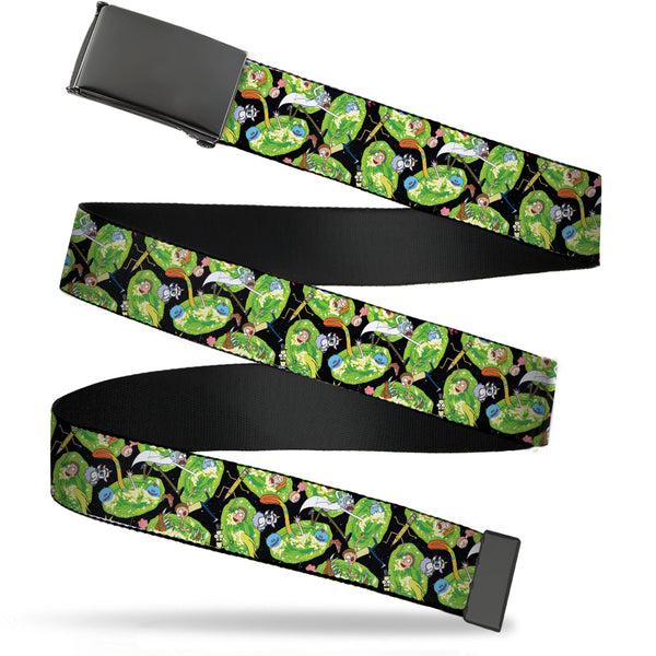 buckle down Black Buckle Web Belt - Rick and Morty Portal Multi Character Scattered Black/Green Webbing