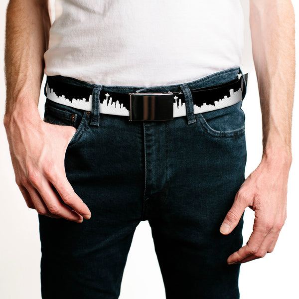 Buckle Down Black Buckle Web Belt - SEATTLE SOLID SKYLINE BLACK/WHITE