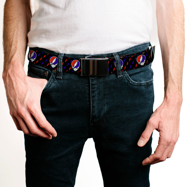 Buckle Down Black Buckle Web Belt - Steal Your Face Repeat W/Mini Lightning Bolt Black/Red/White/Blue Webbing