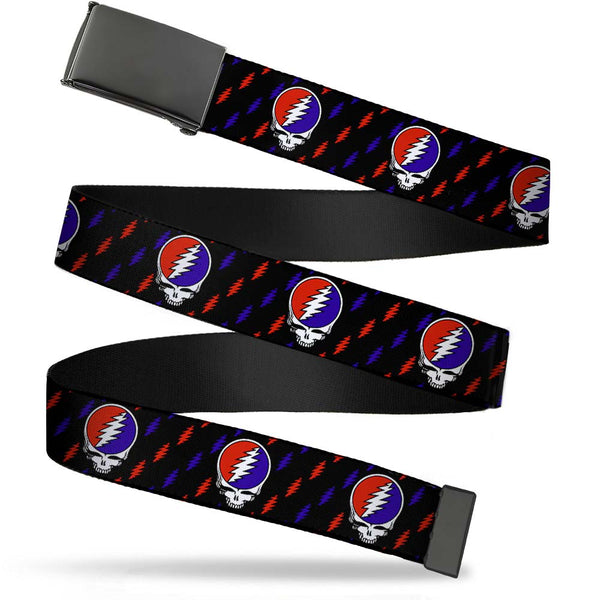 buckle down Black Buckle Web Belt - Steal Your Face Repeat w/Mini Lightning Bolt Black/Red/White/Blue Webbing