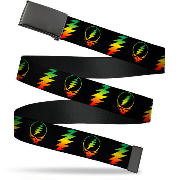 buckle down Black Buckle Web Belt - Steal Your Face w/Lightning Bolt Repeat Black/Rasta Webbing