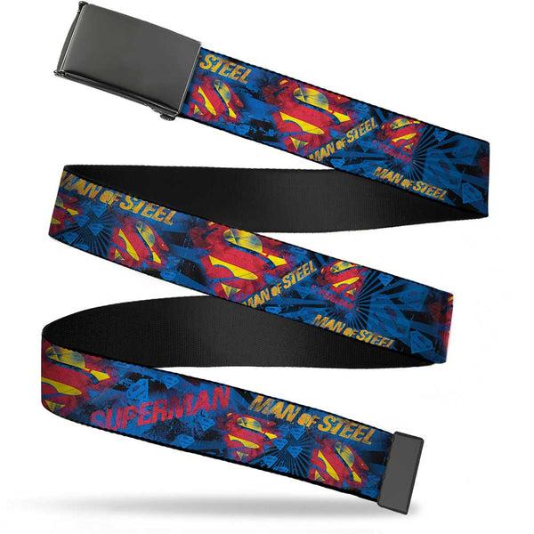 buckle down Black Buckle Web Belt - SUPERMAN MAN OF STEEL Shield Collage/Rays Black/Blues/Reds/Yellows Webbing