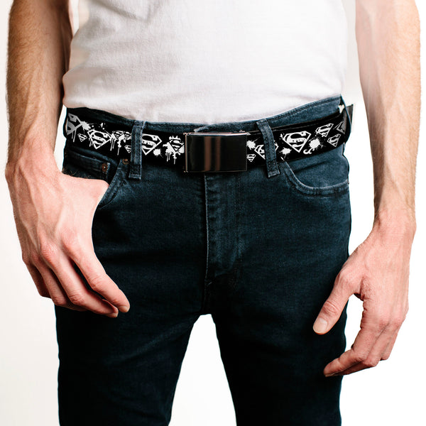 Buckle Down Black Buckle Web Belt - Superman Shield Splatter Black/White Webbing