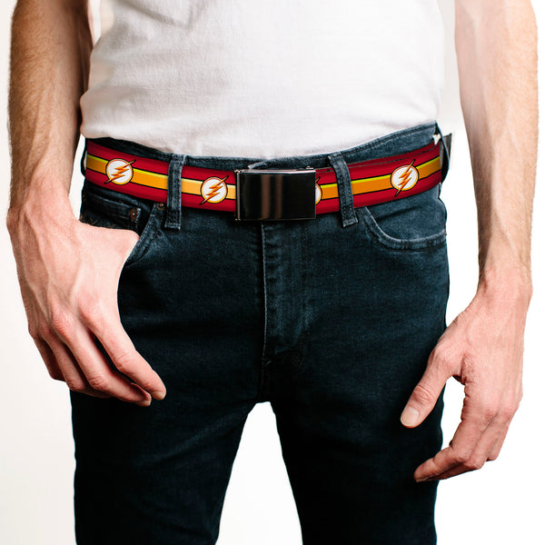 Buckle Down Black Buckle Web Belt - The Flash Logo11/Stripe Burgundy/Black/Gold/White Webbing
