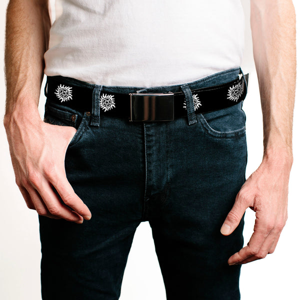 Buckle Down Black Buckle Web Belt - Winchester Pentagram Repeat Black/White Webbing