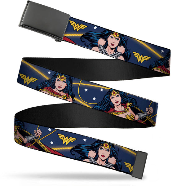 buckle down Black Buckle Web Belt - Wonder Woman 3-Poses/WW Logo/Stars Blue/Yellow/White Webbing
