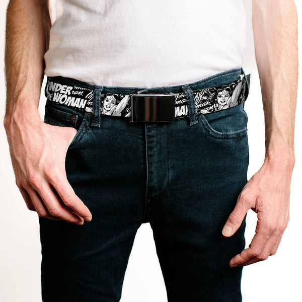 Buckle Down Black Buckle Web Belt - WONDER WOMAN Action Pose/Text Collage Black/White/Grays Webbing