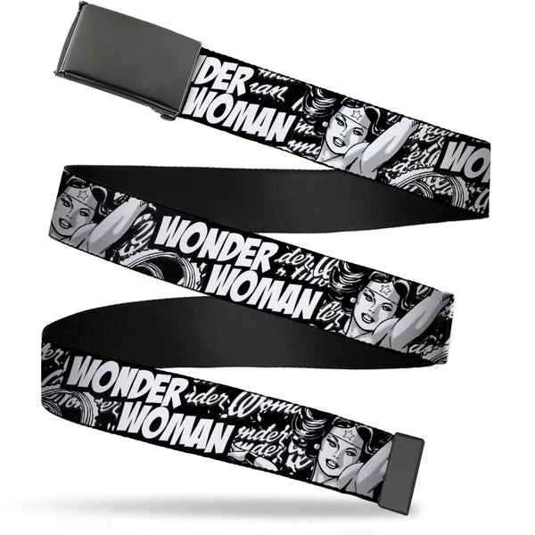 buckle down Black Buckle Web Belt - WONDER WOMAN Action Pose/Text Collage Black/White/Grays Webbing