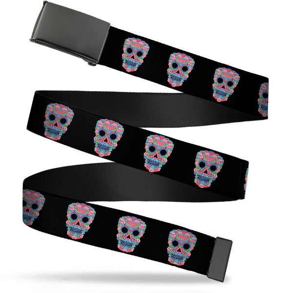 buckle down Black Buckle Web Belt - Wonder Woman Floral Skull Black/Multi Pastel Webbing