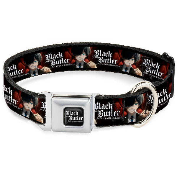 buckle down BLACK BUTLER PUBLIC SCHOOL ARC Title Logo Full Color Black/White Seatbelt Buckle Collar - BLACK BUTLER Ciel Phantomhive Fork Pose and Title Logo