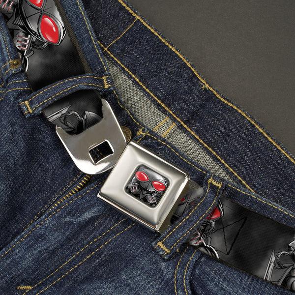Buckle Down Black Manta Face CLOSE-UP Full Color Grays Seatbelt Belt - BLACK MANTA 3-Poses Grays/Red Webbing