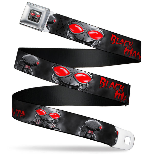 buckle down Black Manta Face CLOSE-UP Full Color Grays Seatbelt Belt - BLACK MANTA 3-Poses Grays/Red Webbing