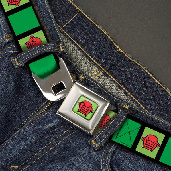 Buckle Down Blue's Clues Steve's Thinking Chair Full Color Green/Black/Red Seatbelt Belt - Blue's Clues Steve's Stripe And Thinking Chair Black/Greens/Red Webbing