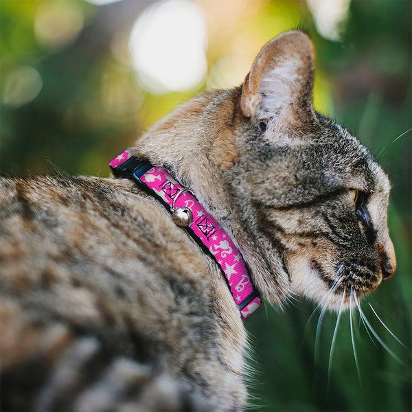 Buckle Down Breakaway Cat Collar With Bell - Barbie Ponytail Silhouette And Star Scattered Pink/White