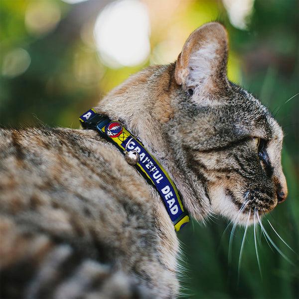 Buckle Down Breakaway Cat Collar With Bell - GRATEFUL DEAD Text Box And Steal Your Face Logo Yellow/Blue/White