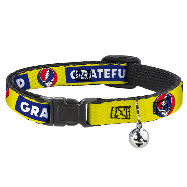 buckle down Breakaway Cat Collar with Bell - GRATEFUL DEAD Text Box and Steal Your Face Logo Yellow/Blue/White