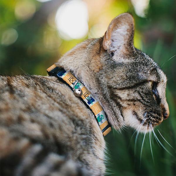 Buckle Down Breakaway Cat Collar With Bell - Harry Potter FINEST BUTTERBEER SINCE 1867 Icon Blocks Yellow/White/Blues