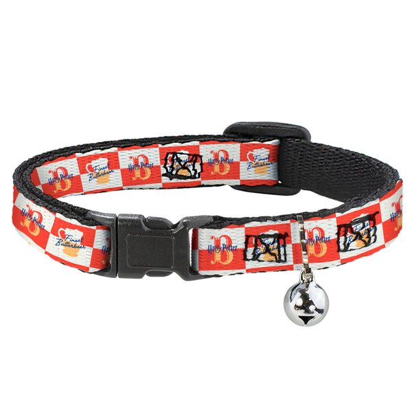 buckle down Breakaway Cat Collar with Bell - HARRY POTTER FINEST BUTTERBEER Logo and Mug Checker Red/White/Yellow