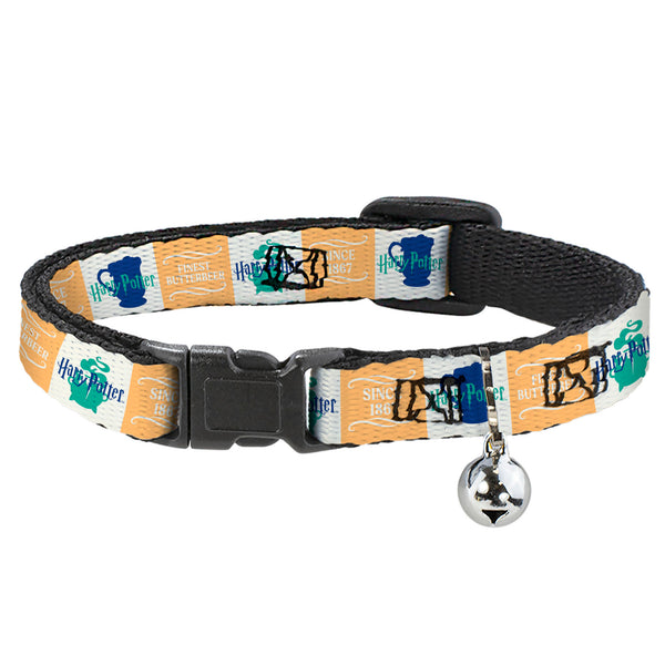 buckle down Breakaway Cat Collar with Bell - Harry Potter FINEST BUTTERBEER SINCE 1867 Icon Blocks Yellow/White/Blues