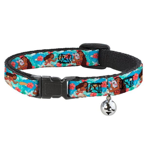 buckle down Breakaway Cat Collar with Bell - Moana Poses and Pua Flowers Blues