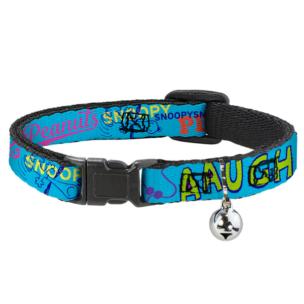 buckle down Breakaway Cat Collar with Bell - PEANUTS Charlie Brown Snoopy and Woodstock Typography Collage Blue/Multi Color