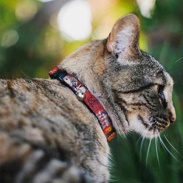 Buckle Down Breakaway Cat Collar With Bell - Peanuts Gang SEMI-POSITIVE VIBES Quote Red/Blues/White