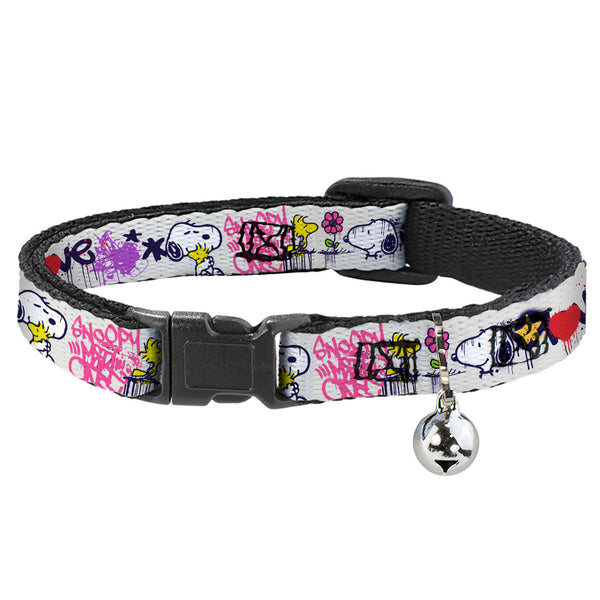 buckle down Breakaway Cat Collar with Bell - Peanuts Snoopy and Woodstock Graffiti Collage White/Multi Color