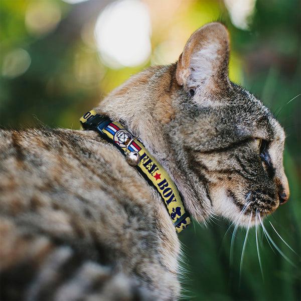 Buckle Down Breakaway Cat Collar With Bell - Peanuts Snoopy FLY BOY TOP DOG Flying Ace Yellow/Blue/Red