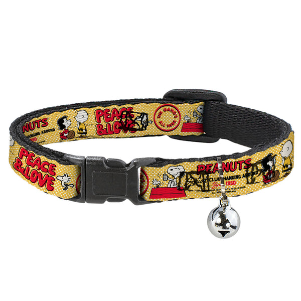 buckle down Breakaway Cat Collar with Bell - PEANUTS SOCIAL CLUB PEACE & LOVE Scenes Yellow/Red