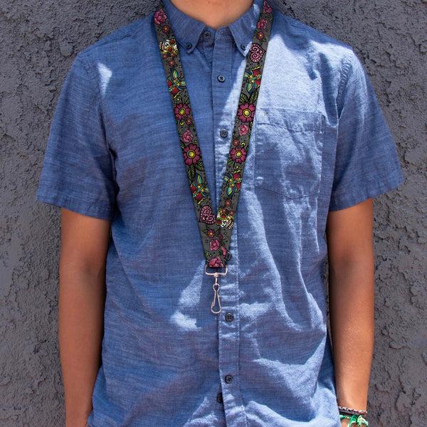 Buckle Down Lanyard - 1.0" - Love Kills CLOSE-UP Gray
