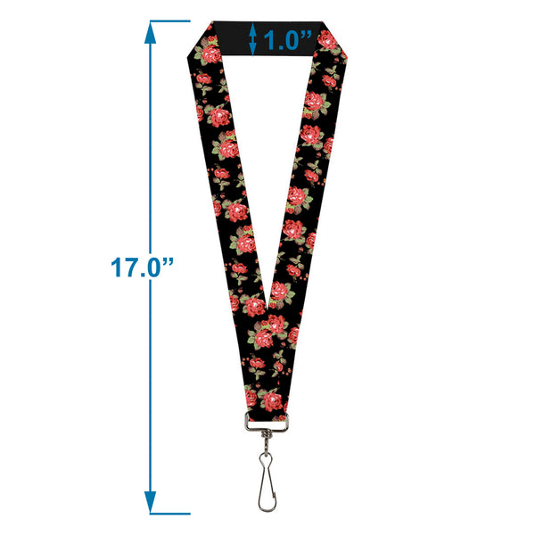 Buckle Down Lanyard - 1.0" - Red Roses Scattered Black