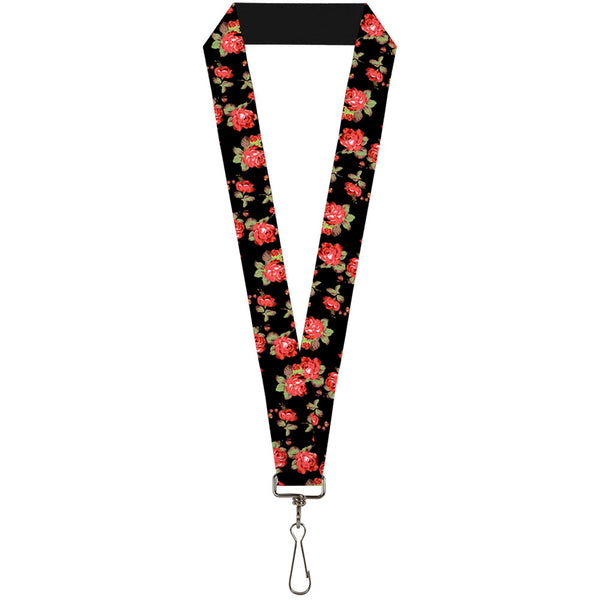 buckle down Lanyard - 1.0" - Red Roses Scattered Black